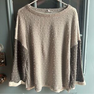 Lightweight Boho Textured Knit Sweater Wide Sleeve Winter Polka Dot Blu Pepper M